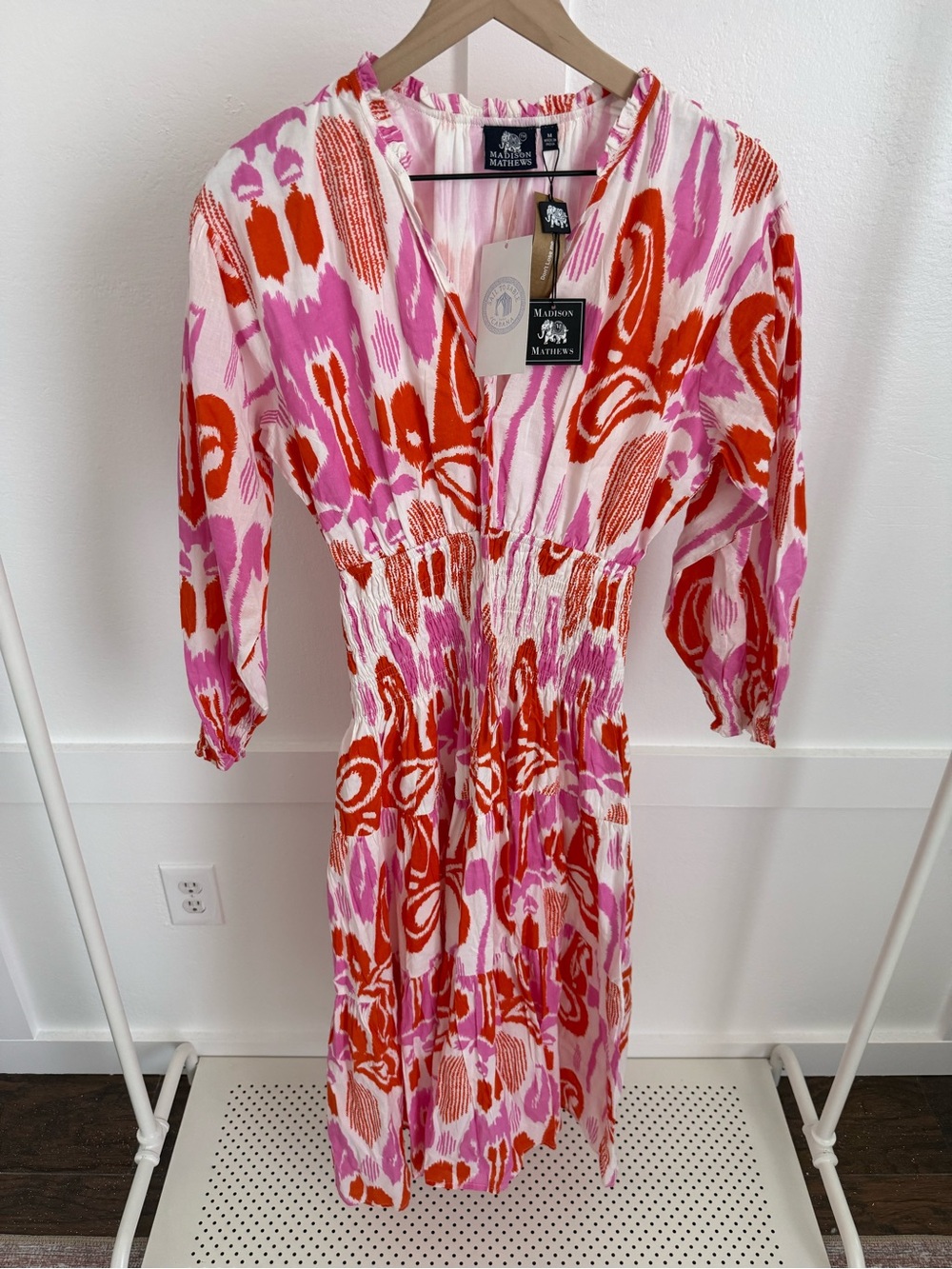 Madison Mathews Smocked Waist Long Sleeve Midi Dress